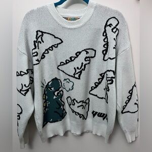 Unique Dinosaur Patterned Crewneck Sweater - White